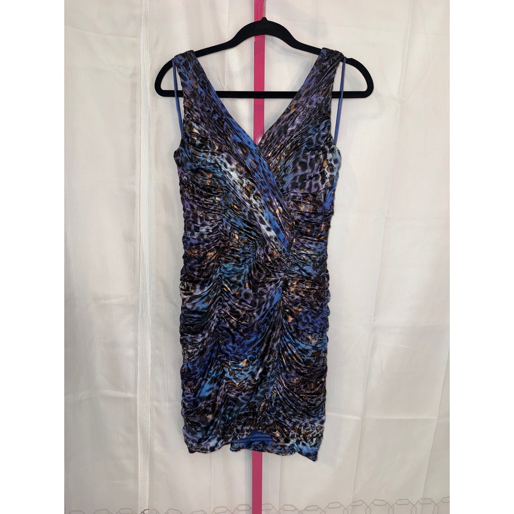 Cache Womens Sheath Dress Blue Leopard Print Ruched‎ V Neck Sleeveless Size 4